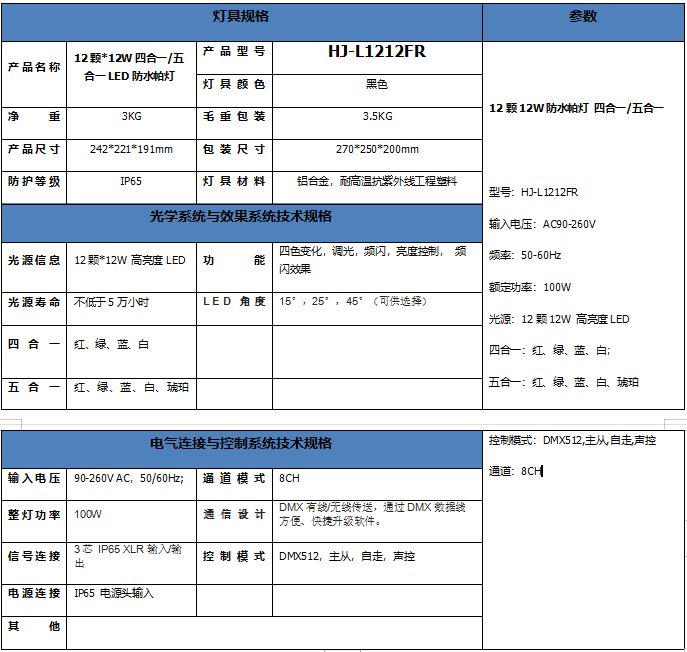 HJ-L1212FR防水帕燈技術參數